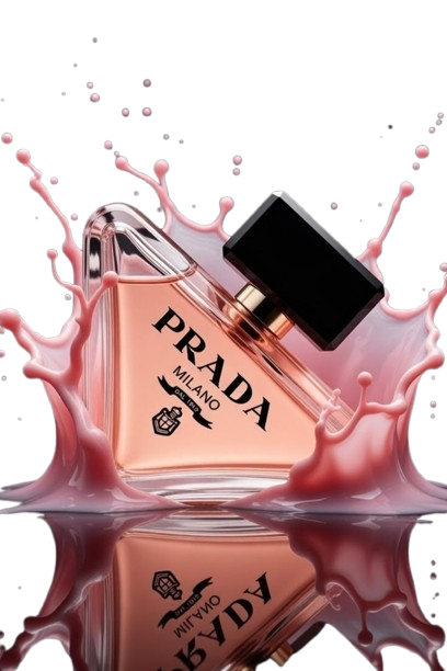 Prada perfume bottle with a rose-colored splash